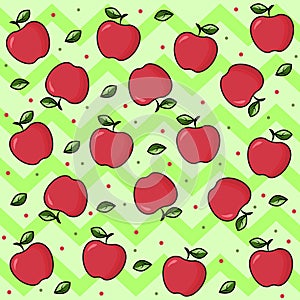 Fruit print on green background with waves. Bright fruit: apples. Ripe red apple with leaf.  Vector pattern background for your